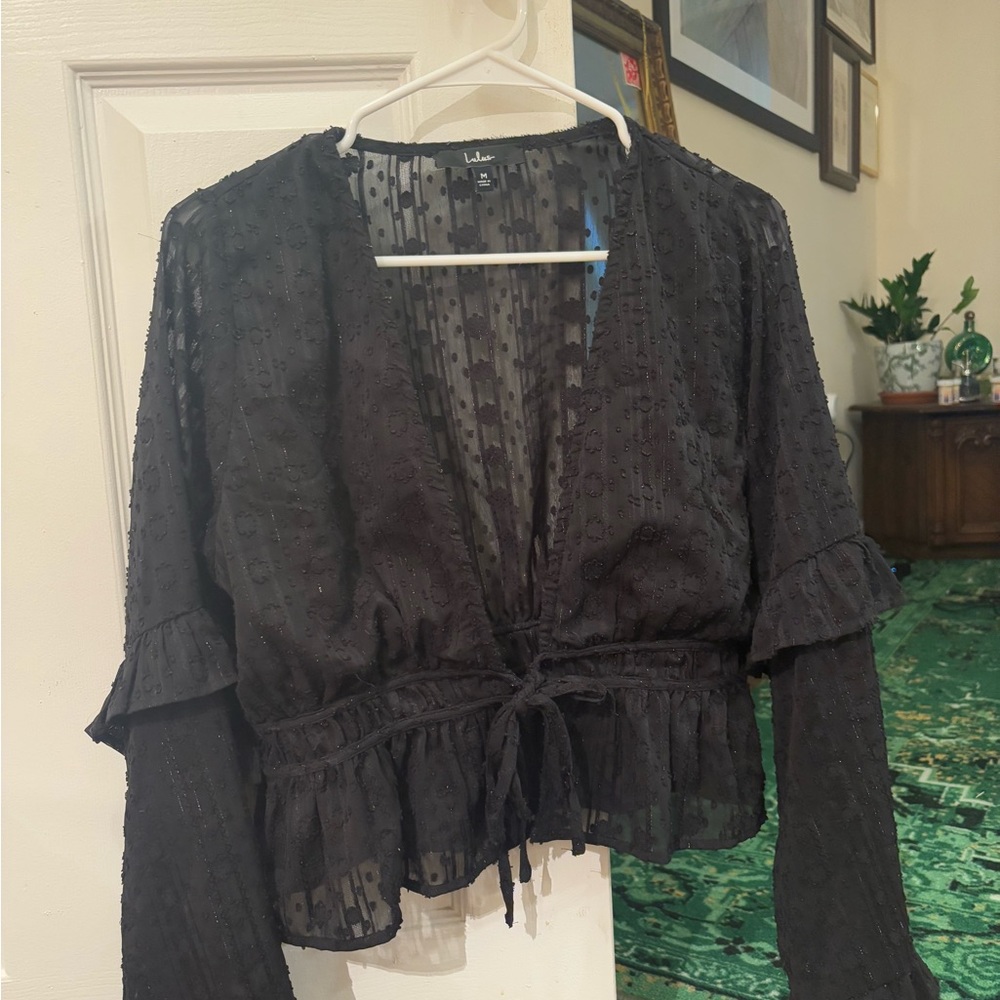 Lulu's Black Ruffled Tie Front Blouse